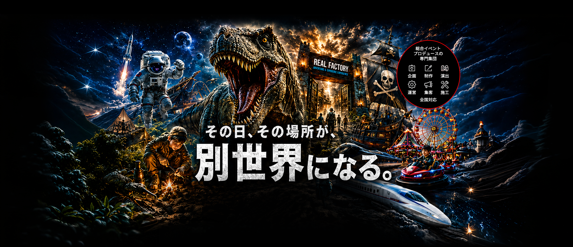 恐竜、宇宙、海賊、防災、ブッシュクラフト、新幹線、移動遊園地を表現したメインビジュアル